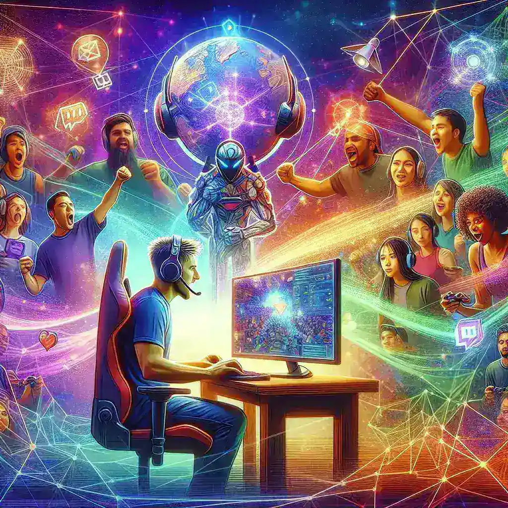 "Grupo de streamers de Twitch interactuando en un evento, destacando los beneficios de unirse a una red de Twitch, como el networking, el crecimiento de la audiencia y la colaboración creativa."